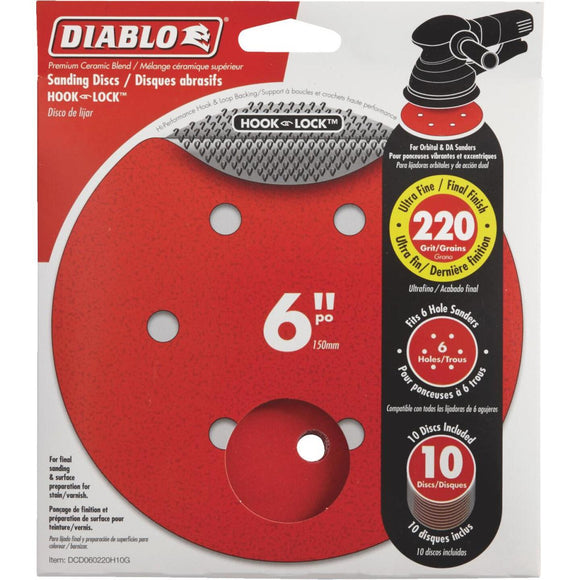 Diablo 6 In. 220-Grit 6-Hole Pattern Vented Sanding Disc with Hook and Lock Backing (10-Pack)
